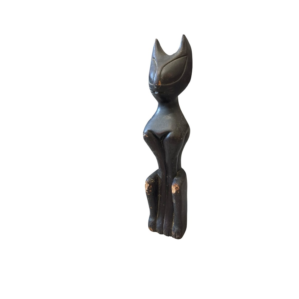 MCM Stylized Hand-Carved Ebony Wood Cat Figurine